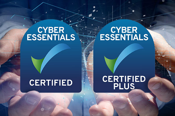 Hands holding Cyber Essentials Certified and Cyber Essentials Plus Certified logos.